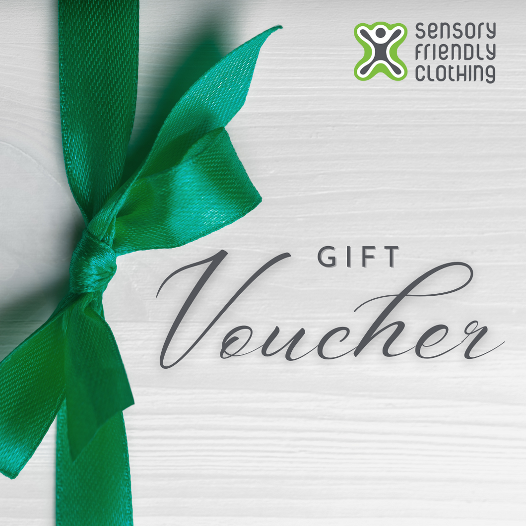Sensory Friendly Clothing gift voucher with a large green bow from the top to the bottom left and the Sensory Friendly Clothing logo on the top right.